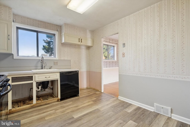 kitchen with sink, light hardwood / wood-style floors, plenty of natural light, and black appliances