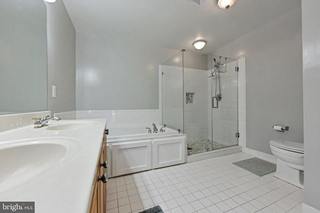 full bathroom featuring vanity, tile patterned flooring, plus walk in shower, and toilet