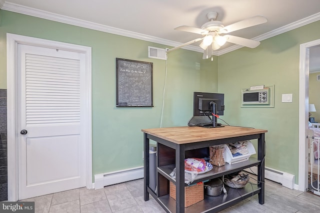 office featuring baseboard heating, crown molding, and ceiling fan