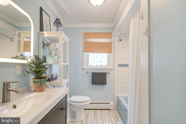 full bathroom featuring shower / tub combo, vanity, baseboard heating, crown molding, and toilet