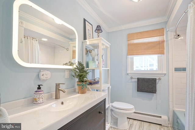 full bathroom with shower / tub combo, vanity, crown molding, a baseboard radiator, and toilet