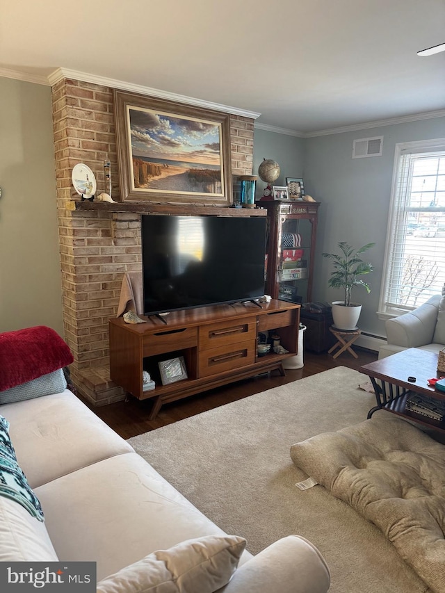 living room with dark hardwood / wood-style floors and crown molding