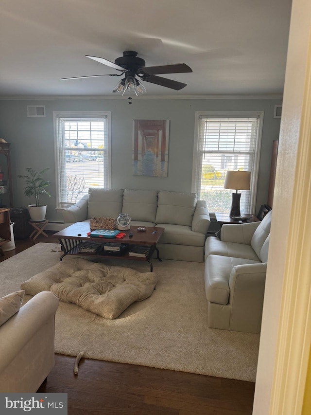 living room featuring wood-type flooring, ceiling fan, and ornamental molding