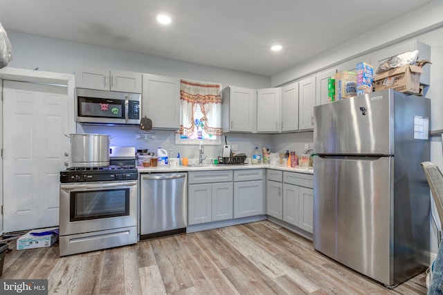 kitchen featuring gray cabinetry, light hardwood / wood-style floors, sink, and stainless steel appliances