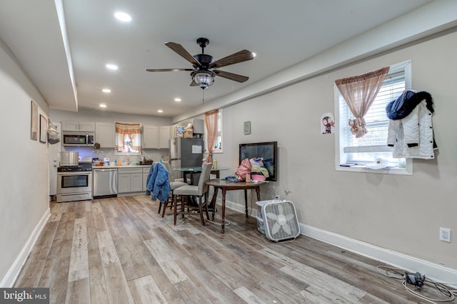 kitchen with ceiling fan, light hardwood / wood-style floors, and appliances with stainless steel finishes