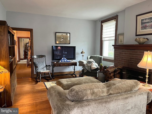 living room with a fireplace and hardwood / wood-style flooring