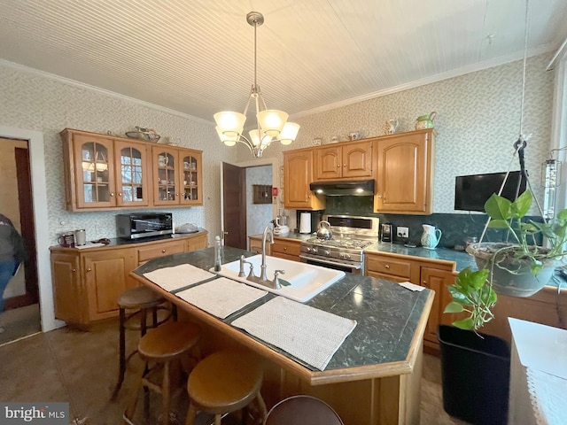 kitchen featuring sink, an island with sink, decorative light fixtures, gas stove, and a chandelier