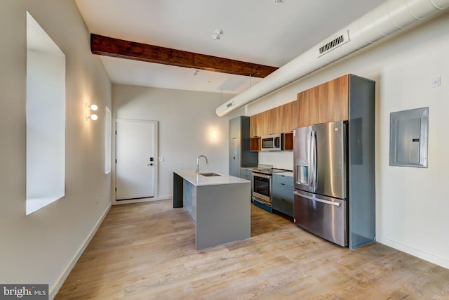 kitchen featuring electric panel, a center island with sink, stainless steel appliances, and light wood-type flooring