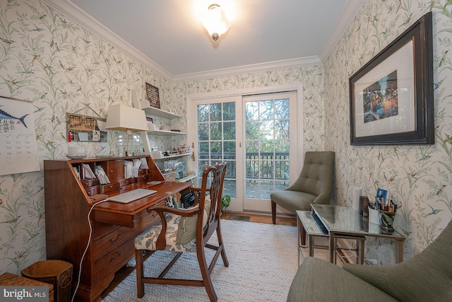 home office featuring wallpapered walls, visible vents, ornamental molding, and wood finished floors