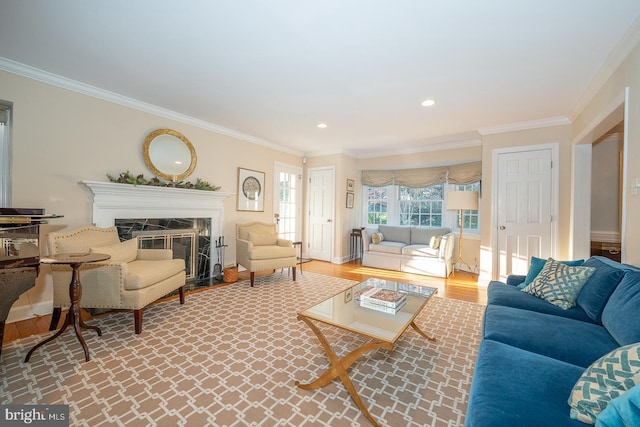 living area with crown molding, recessed lighting, a fireplace, and wood finished floors