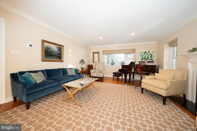 living area with ornamental molding, wood finished floors, and baseboards