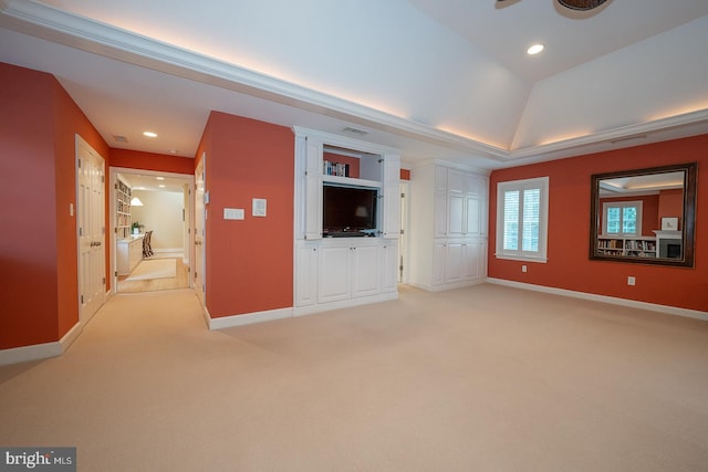 unfurnished living room featuring light carpet, visible vents, baseboards, vaulted ceiling, and recessed lighting