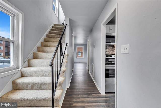 stairs featuring wood-type flooring and a wealth of natural light