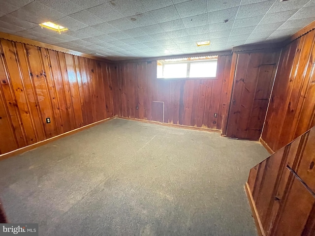 basement featuring carpet flooring and wood walls