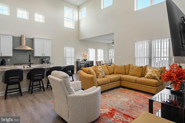 living room with plenty of natural light, a towering ceiling, and light hardwood / wood-style flooring