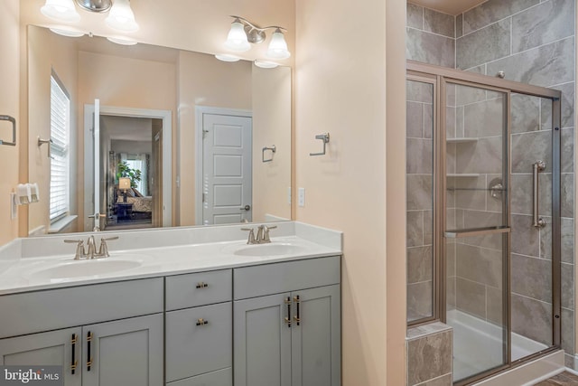 bathroom featuring vanity and walk in shower