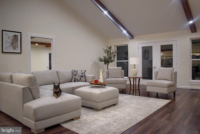 living room featuring beamed ceiling, dark hardwood / wood-style flooring, and high vaulted ceiling