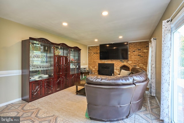 living room with a wood stove