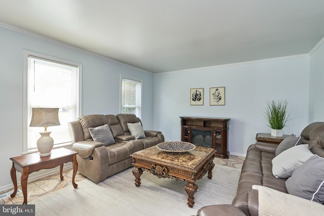 living room with crown molding