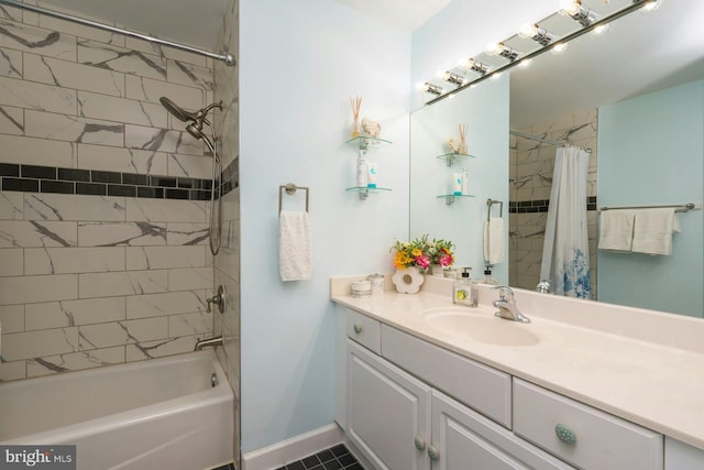 bathroom with tile patterned flooring, vanity, and shower / bathtub combination with curtain