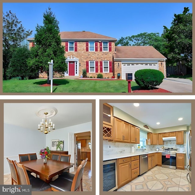 kitchen with decorative backsplash, appliances with stainless steel finishes, beverage cooler, pendant lighting, and a notable chandelier