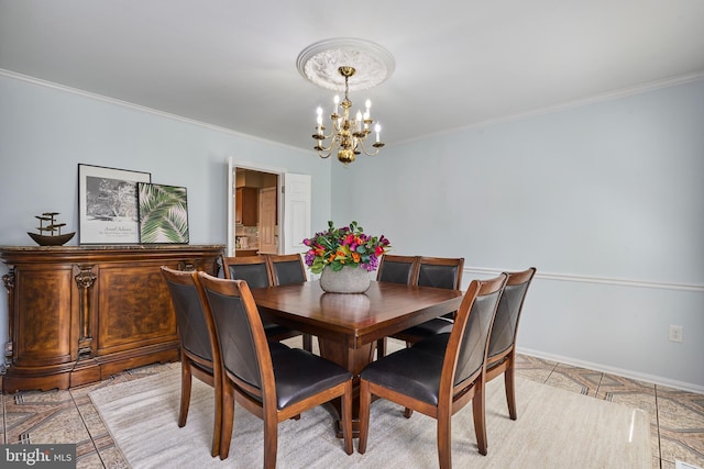 dining space featuring crown molding, light tile patterned floors, and a notable chandelier