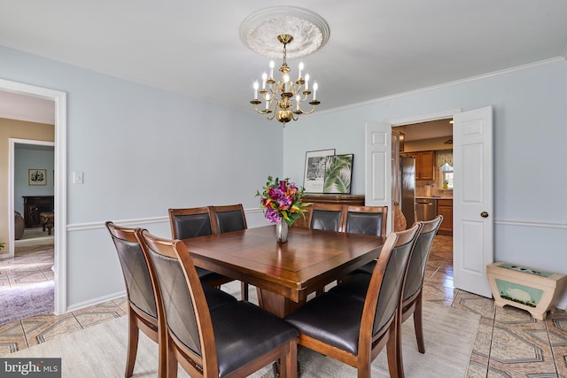 dining area featuring ornamental molding, light tile patterned floors, and a chandelier