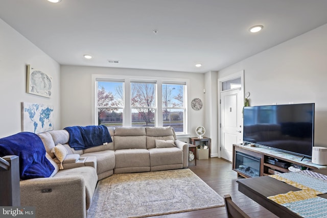 living room with dark hardwood / wood-style floors