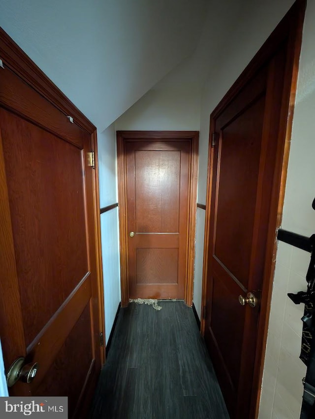 hall with lofted ceiling and dark wood-style flooring