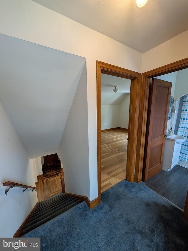 staircase featuring baseboards, lofted ceiling, carpet, and wood finished floors