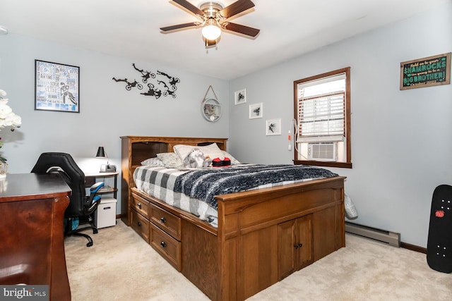 bedroom featuring ceiling fan, baseboard heating, light colored carpet, and cooling unit