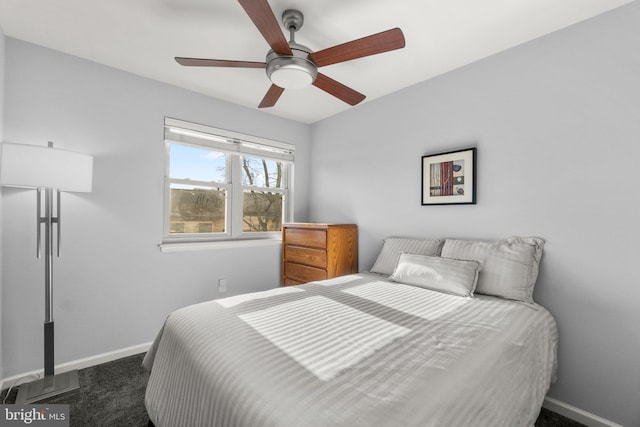 bedroom featuring ceiling fan and dark carpet