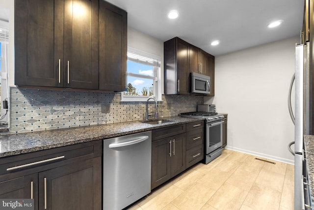 kitchen featuring decorative backsplash, sink, dark stone counters, and appliances with stainless steel finishes