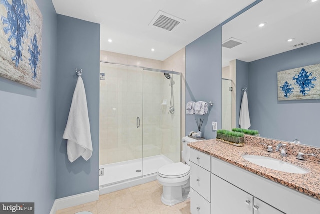 bathroom featuring tile patterned flooring, vanity, toilet, and a shower with door