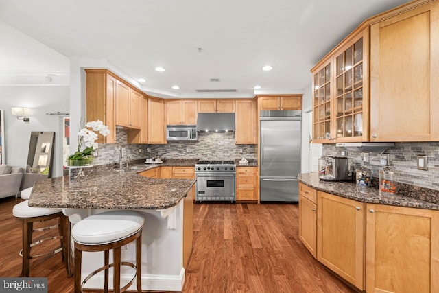 kitchen featuring high end appliances, sink, tasteful backsplash, dark stone counters, and hardwood / wood-style flooring