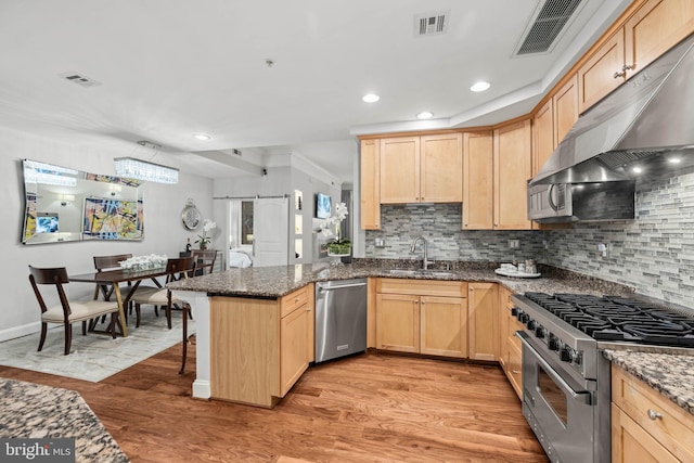 kitchen with a barn door, sink, light hardwood / wood-style floors, and stainless steel appliances