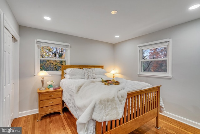 bedroom featuring light wood-type flooring, multiple windows, and a closet