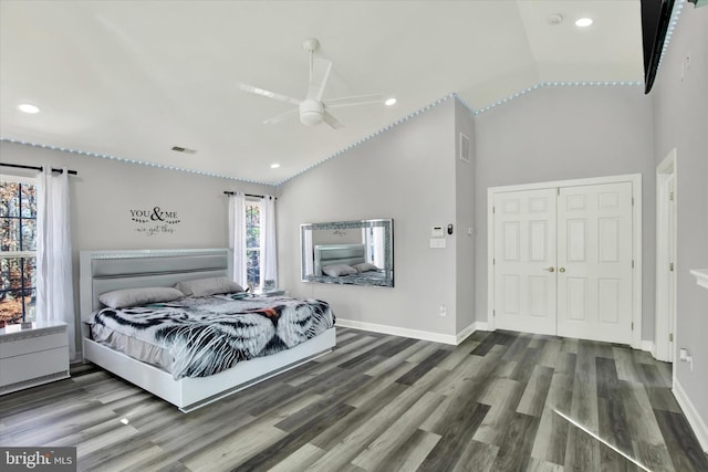 bedroom featuring ceiling fan, a closet, high vaulted ceiling, and wood-type flooring