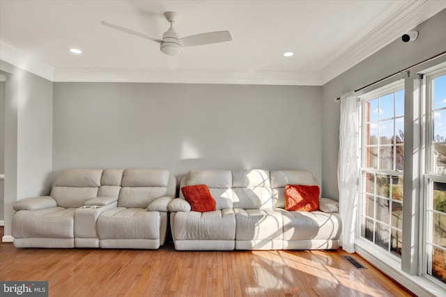 living room featuring ceiling fan, light hardwood / wood-style flooring, and crown molding