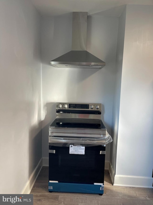 room details with wood-type flooring, stainless steel electric stove, and wall chimney exhaust hood