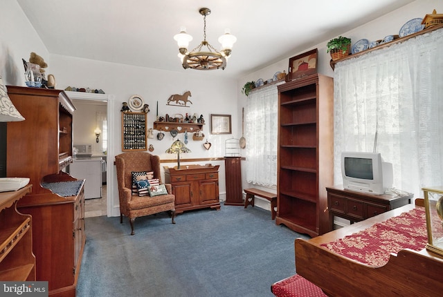 interior space with a wealth of natural light, dark carpet, and an inviting chandelier