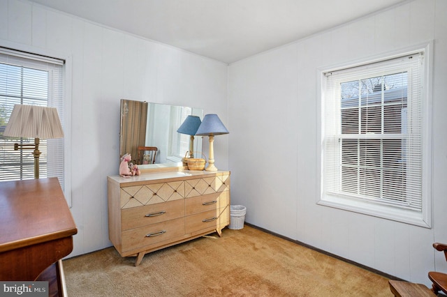 bedroom with light carpet and multiple windows