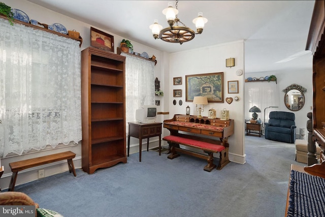 miscellaneous room with a chandelier and carpet