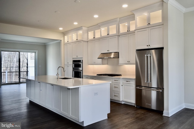 714 Walkers Mill Ln, Wilmington, DE 19807 - kitchen with appliances with stainless steel finishes, a sink, ornamental molding, under cabinet range hood, and dark wood-style floors