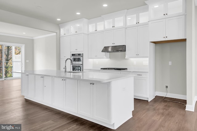 kitchen featuring under cabinet range hood, a kitchen island with sink, glass insert cabinets, and light countertops