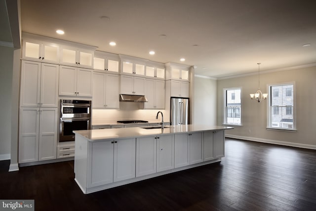 714 Walkers Mill Ln, Wilmington, DE 19807 - kitchen with appliances with stainless steel finishes, a sink, under cabinet range hood, ornamental molding, and baseboards