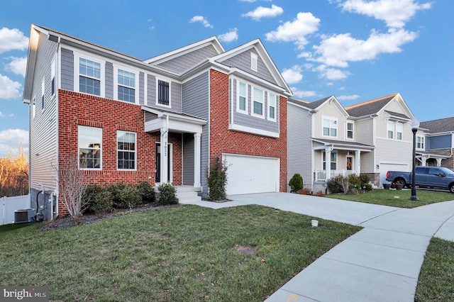 multi unit property with a front yard, a garage, and cooling unit