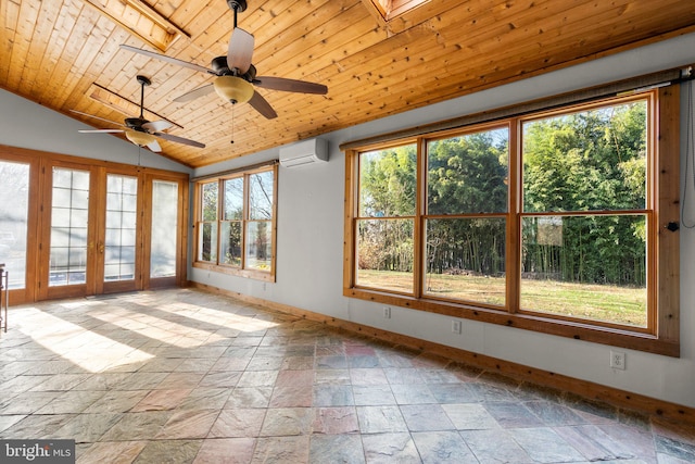 unfurnished sunroom with wood ceiling, ceiling fan, lofted ceiling with skylight, and a wall unit AC