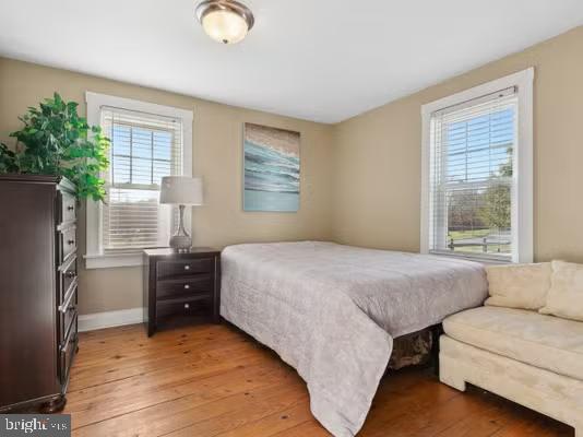 bedroom featuring wood-type flooring and multiple windows