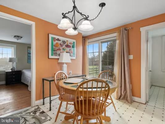 dining room with light hardwood / wood-style floors, a healthy amount of sunlight, and an inviting chandelier